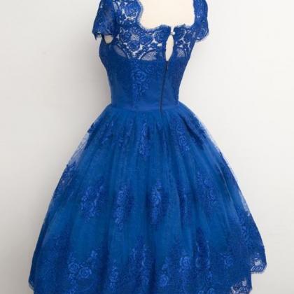 Royal Blue A-line Short Sleeves Lace Prom..