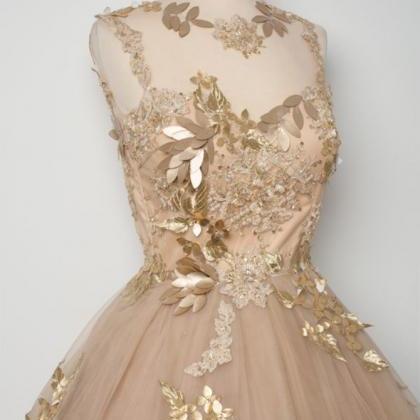 Champagne Sheer Neck A-line Tulle Knee Length..