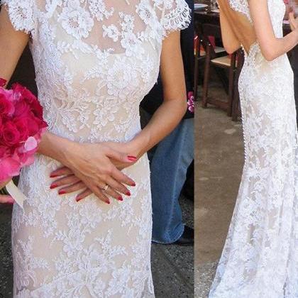 Mandarin Collared Lace Sheath Wedding Dress With..