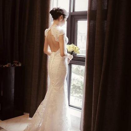 Mandarin Collared Lace Sheath Wedding Dress With..