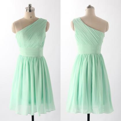 Mint Green Chiffon Ruched One-shoulder Knee Length..