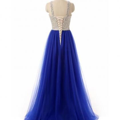 Elegant Tank Royal Blue Tulle Prom Dresses,jewel..