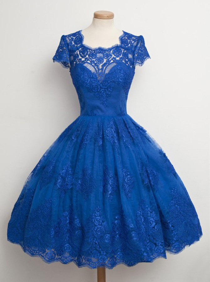 Royal Blue A-line Short Sleeves Lace Prom Dresses,knee Length Homecoming Dresses,short Party Dresses,short Lace Dresses,cocktail Dresses
