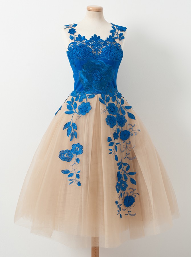 Ivory Half Sleeves A Line Homecoming Dress with Blue Appliques, Knee Length Prom Dress UQ2176