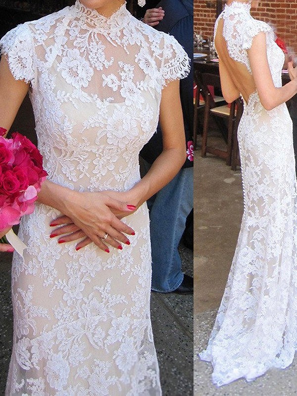 Mandarin Collared Lace Sheath Wedding Dress With Open Back