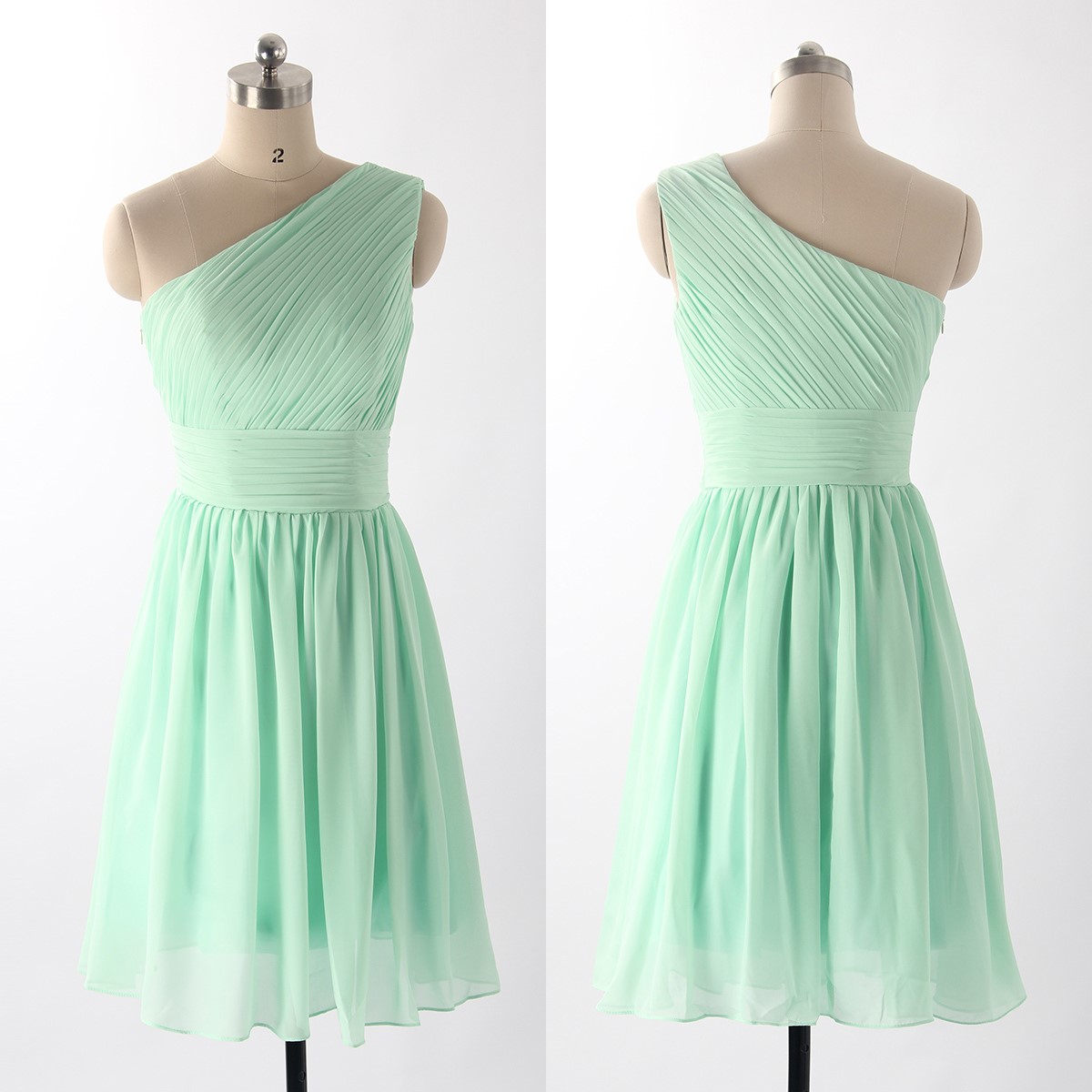 Mint Green Chiffon Ruched One-shoulder Knee Length Evening Dress, Homecoming Dress, Bridesmaid Dress