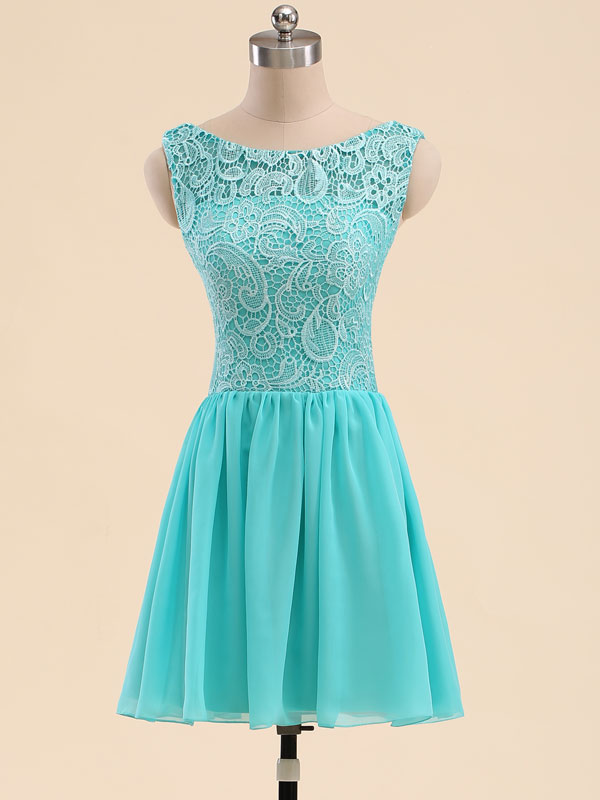 Blue Lace Bateau Sleeveless Short Chiffon A-line Evening Dress, Bridesmaid Dress, Homecoming Dress