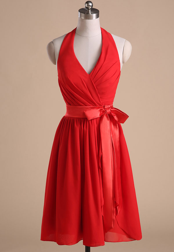 Red Chiffon Halter Neck Plunge V Knee Length Evening Dress Featuring Bow Accent Waist, Bridesmaid Dress, Homecoming Dress