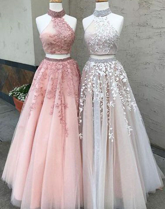 2018 A-line Prom Dresses,two Piece Tulle Prom Dresses,nice High Neck Beaded Prom Gowns,a-line Two Piece Appliques Party Dresses,long Tulle Prom