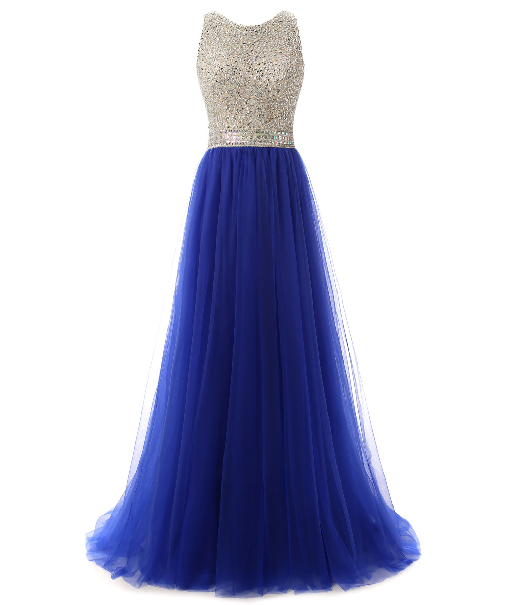 Elegant Tank Royal Blue Tulle Prom Dresses,jewel Beaded Long Prom Dresses,long Prom Gowns,elegant Party Dresses,graduation Dresses