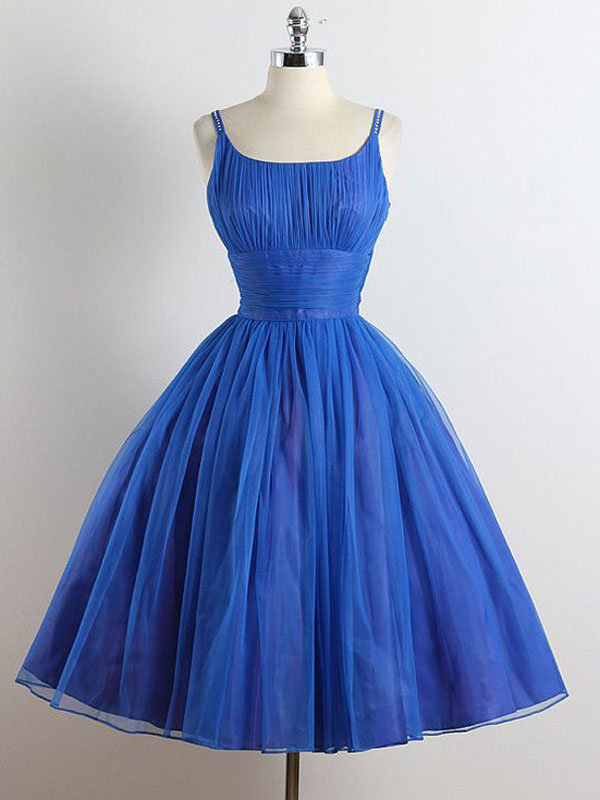 Royal Blue Scoop Neckline Spagetti Strap A-line Organza Knee Length ...